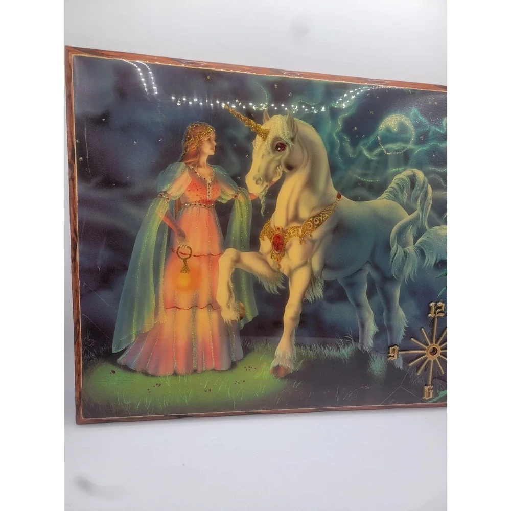 Vintage 1982 Sue Dawe Unicorn Fantasy Art Wood Plaque Glossy Glitter 80s Decor